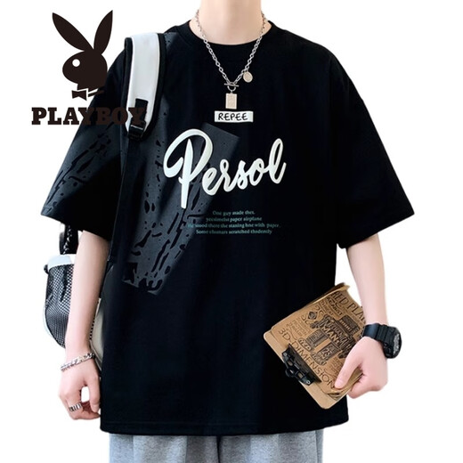 花花公子（PLAYBOY）短袖男夏季潮牌字母印花圆领半袖体恤美式休闲男士落肩袖宽松T恤 693黑色 M (约80~105斤可穿)