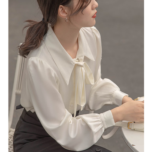 Harudi white long-sleeved shirt women's French bow spring and autumn chiffon commuting design lantern sleeve ribbon professional top white L (recommended 110-130)