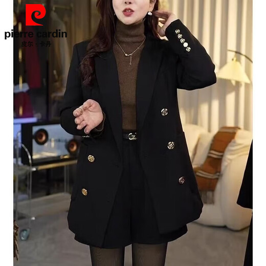 皮尔卡丹黑色双排扣加厚夹棉西装外套女秋冬新款感气质显瘦百搭小西服 黑色   夹棉 L 建议(120-130)斤