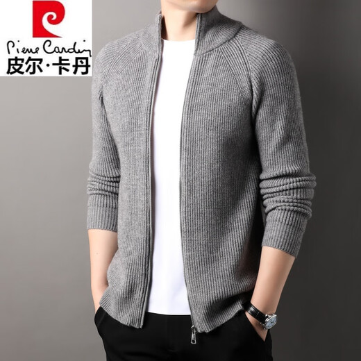 Pierre Cardin knitted cardigan men's half turtleneck zipper wool sweater top spring and autumn pit stripe warm sweater jacket gray XL 175/115/recommended 135-155Jin Jin equals 0.5 kg
