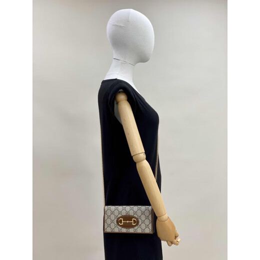 Gucci (GUCCI) women's bag 1955 series white leather spliced presbyopia canvas classic horseshoe buckle flip chain wallet 621892 92TCG 8563 ebony color