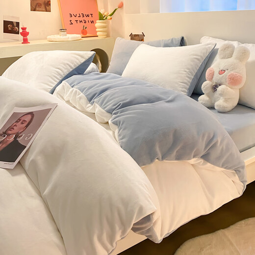 Lady Laura Fuanna's Class A milk velvet bed four-piece winter double-sided velvet thickened coral velvet quilt cover customized milk white + baby blue - sheet style 1.8m bed sheet four-piece quilt cover 200*230