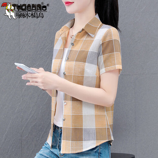 
Woodpecker cotton plaid shirt for women short-sleeved summer new loose shirt for middle-aged mothers fashionable thin top WJG 9201 blue long-sleeved M Recommended 90-100Jin [Jin equals 0.5 kg]
