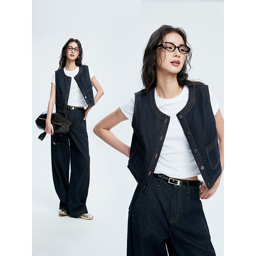 Chumian Route 66 Chumian Retro estilo baño chaleco vaquero conjunto sarga de algodón pantalones de pierna ancha 25 primavera nueva llegada caqui-Jeans XL