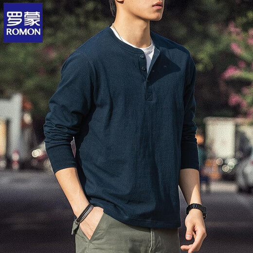 Romon American Retro Henry Shirt Langarmed T-Shirt Herren Spring 2025 250 g reines Baumwollseiten-Nahtloses Henry Kragen Basishemd Denim Blue [250g reines Baumwoll] M Referenz 125-140jin [Jin gleich 0,5 kg]
