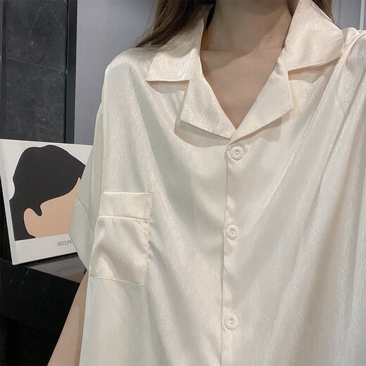 猫人睡衣女夏季三件冰丝短袖薄款大码风春秋绸米色家居服 LT-3881-3-杏 M