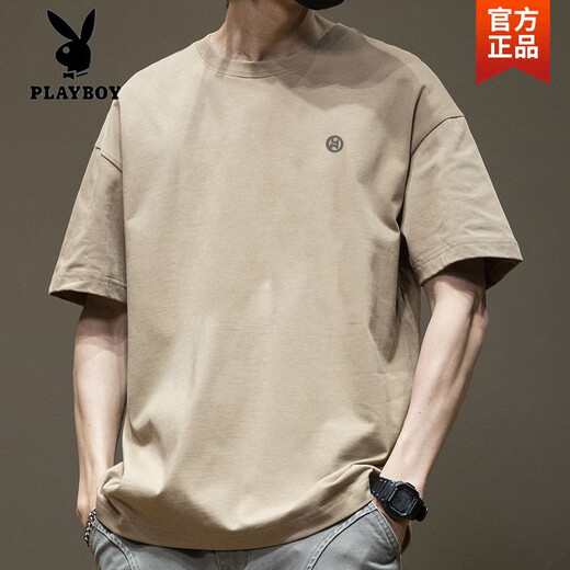 花花公子（PLAYBOY）短袖t恤男日系简约刺绣纯棉半截袖夏季新款宽松百搭潮流港风上衣 白色-1365袖短-100%纯棉高质量 S 【建议80-110斤】