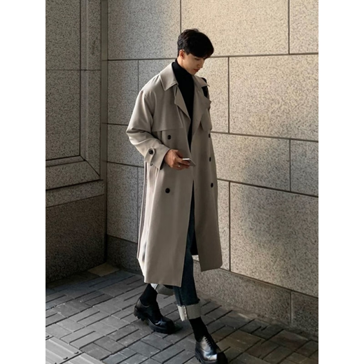 BYPHYTEE (BYPHYTEE) мужская ветровка средней длины, свободное и красивое модное повседневное пальто до колена 2025, весна и осень, черное пальто в гонконгском стиле, черное 2XL