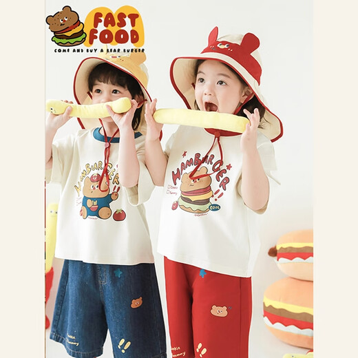 幼悠女童百变熊堡堡系列夏季轻薄透气七分牛仔裤时尚短袖多件套潮 短袖T恤红色（GX4882） 80 cm