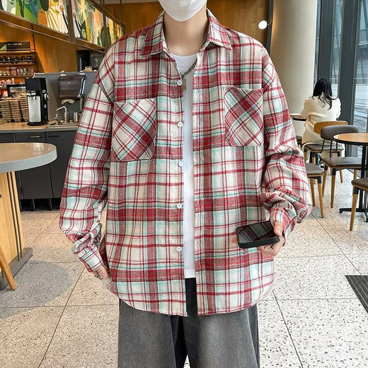 美式长袖衬衫男生春夏季宽松翻领格子衬衣复古潮流休闲百搭外套男 CRYZ687黄色 3XL