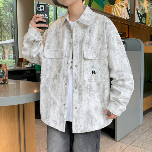 思慕登青少年外套男初中高中学生春款牛仔男孩13初衬衫夹克15岁大童春装 16823米色(单件外套) M 80-100斤左右
