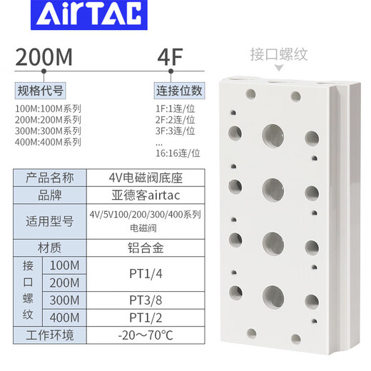 AirTac 4V/5V series solenoid valve base manifold 100M200M300M400 4V200M-2F