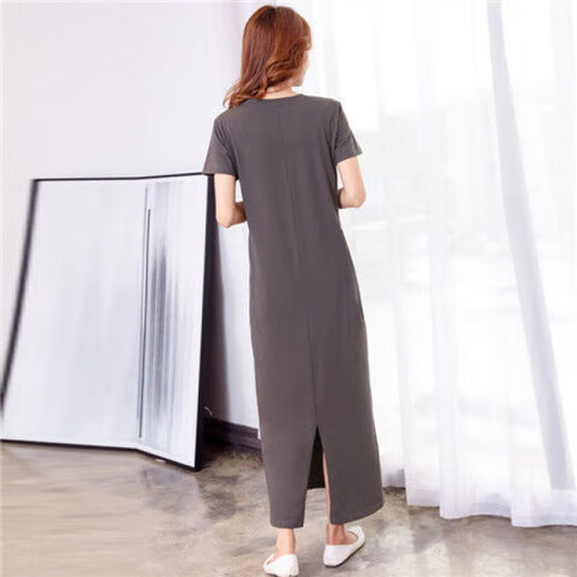 Vanmocho Super langes Kleid mit kurzer Ärmel-Baumwoll-Over-Knie-T-Shirt-Rock für Frauen schlanker Fit und schlanker Sommerschlitz-Knöchelrock für Frauen grau 9905 langer Rock M.