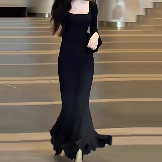 Junyao black fishtail skirt dress women's skirt autumn new high-end hip-hugging skirt French evening dress tight pure lust Bu Bu Shenglian long-sleeved slim fishtail skirt S Recommended 110Jin Jin is equal to within 0.5 kg