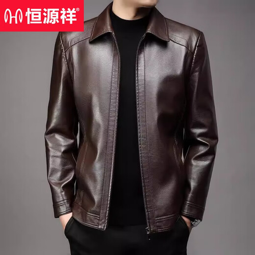 恒源祥高端男装春秋软皮皮衣中年男士商务休闲翻领夹克外套爸爸装上衣 黑 1755 春秋款 翻领  常规 M 170 100-120斤