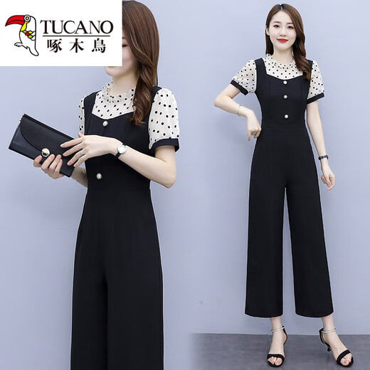 
Woodpecker Short Sleeve Chiffon Wide Legs Jumpsuit Set Women's 2025 New Fashion Temperament Summer Thin All-in-One Jumpsuit [1098#] Apricot M