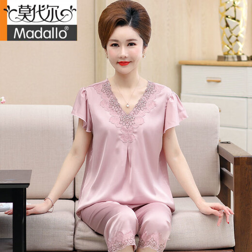 莫代尔冰丝睡衣女夏季妈妈短袖五分裤套装中老年大码家居服仿真丝 826 3XL 建议155-175斤