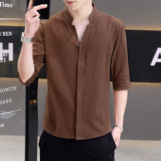 Yaoxin Henry collar cotton and linen long-sleeved shirt men's spring and autumn men's early autumn casual shirt short-sleeved inch shirt 2025 new style CS8K02 mid-sleeve green M 90110Jin Jin is equal to 0.5 kg