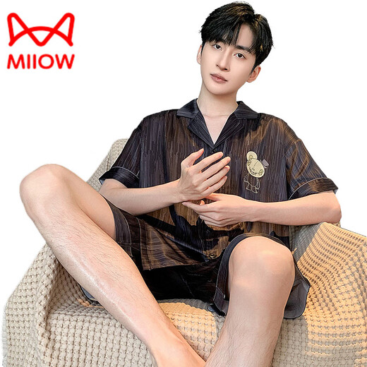 Catman (MiiOW) new men's pajamas summer short-sleeved pants solid color black summer thin boys ice real silk home clothing set G723 2XL (height about 180 and weight 150-175