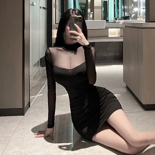 El temperamento de Lanni Shifei y el club nocturno de celebridades Feel Firl Hot Girl Perspective Perspective Mesh Spiling Manga larga Falda corta Vestido de cadera apretada para mujeres Negro M