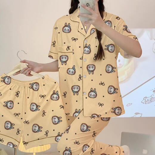 JIACAO 2025 NEUER LABUBU-Cartoon süßer Pyjamas für Frauen im Frühling und Sommer kurzärmelige Hose dreiteiliger Set für Heimkleidung außerhalb von 14132# Doppel-Länge-Spitzen-Tuch-Tuchs-Set XL 110-130jin [Jin gleich 0,5 kg]