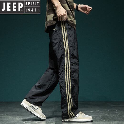 JEEP SPIRIT高端设计感三条杠拼接条纹休闲裤男速干宽松运动裤新款透气直筒裤 5036黑色 2XL 体重160-180斤