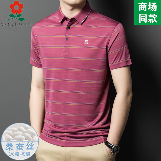 梦特娇（MONTAGUT）条纹短袖t恤男桑蚕丝夏季中年休闲男装翻领polo衫 A829-兰色 M 165适合100-115斤