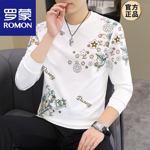 罗蒙（ROMON）2025春秋新款男士长袖T恤潮流时尚欧货卫衣潮男加大码打底衫上衣 【春秋薄.款】6628卡其 150-165斤 2XL