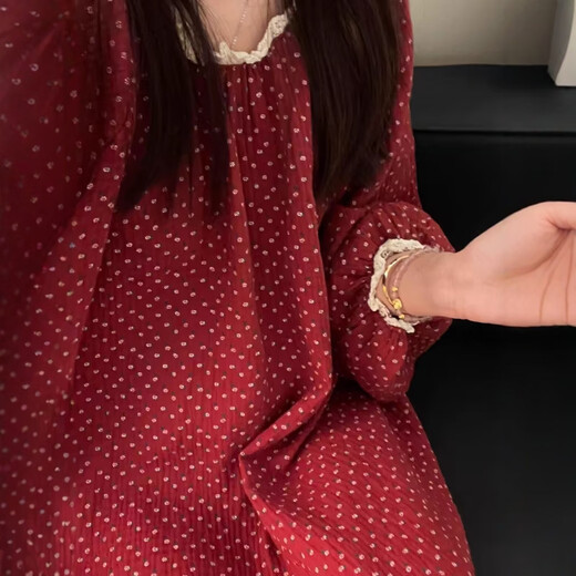 猫人少女甜美复古碎花公主风棉纱睡衣女春秋季新款长袖家居服纯棉 1203/红色碎花裙 M