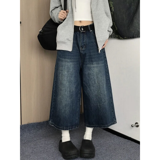 潮韵月高街直筒宽松美式复古水洗做旧牛仔短裤女显瘦阔腿七分裤子潮 6189 S 建议80-95斤