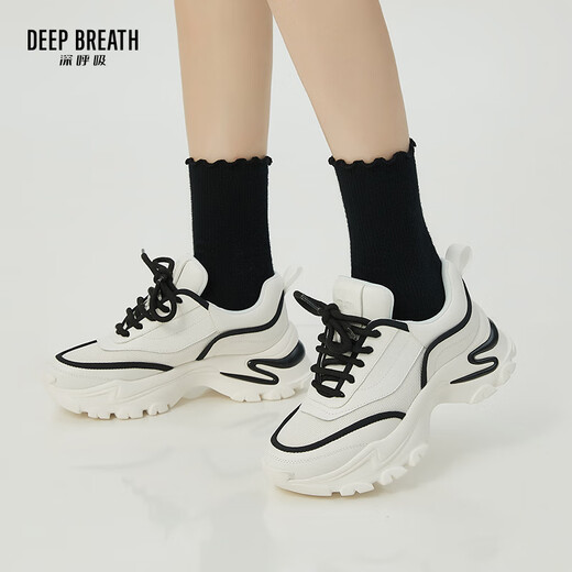 DEEP BREATH深呼吸女鞋厚底时尚绑带曲线老爹鞋休闲鞋AX12242 白黑 35