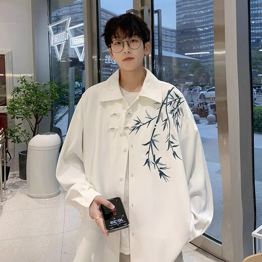 Jean-Vis new Chinese style Chinese style long-sleeved shirt men's embroidered trendy spring and autumn Hanfu folding Tang suit shirt jacket white 5XL [recommended 200-230Jin [Jin equals 0.5 kg]]