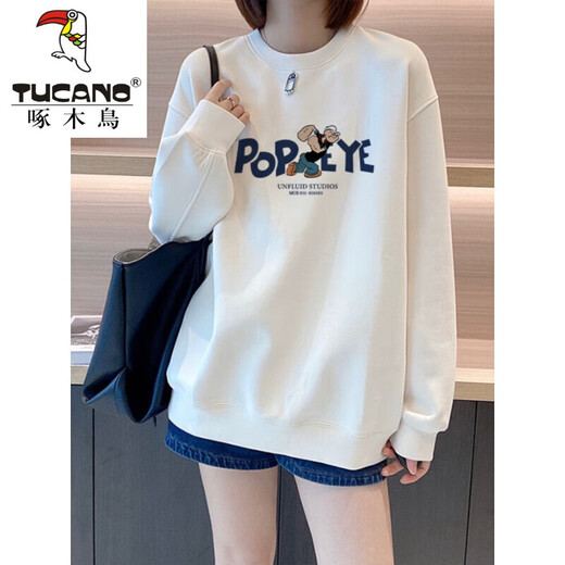 Woodpecker (Tucano) Hutloser Baumwoll-Sweatshirt für Frauen Herbst New Longleved T-Shirt Round Hals Lazy Style Dünn locker schlank vielseitig.