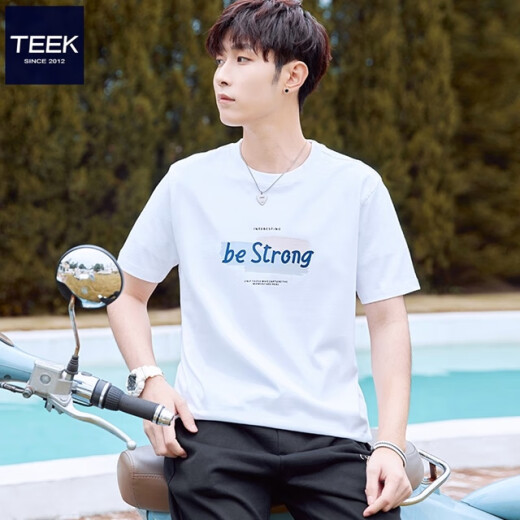 TEEK春季短袖t恤男生休闲纯棉衣服 2025新款男装学生时尚印花百搭上衣 HS1278白色 S