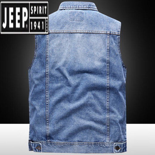 吉普（JEEP）牛仔马甲男秋季帅气多袋背心水洗翻领坎肩复古工装马夹无袖外套潮 浅蓝 XL