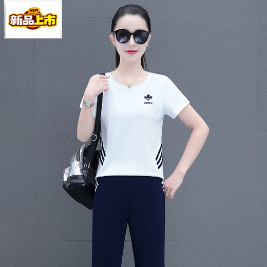 初径夏季运动服套装2025年短袖长裤薄款圆领修身女士休闲跑步服两件套 6630宝蓝 M(适合80到99斤)