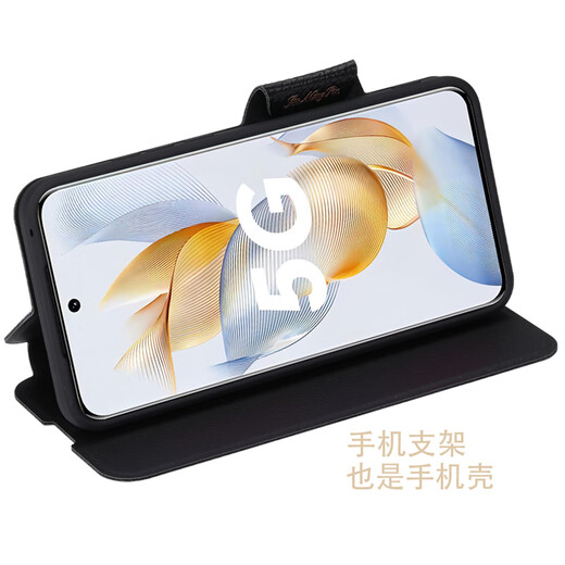 豪丫荣耀90GT直屏版手机壳翻盖Honor90Pro镜头全包荣耀90前搭磁吸扣软硅胶套防摔保护仿真牛皮 荣耀90(REA-AN00) 黑灰复古皮纹