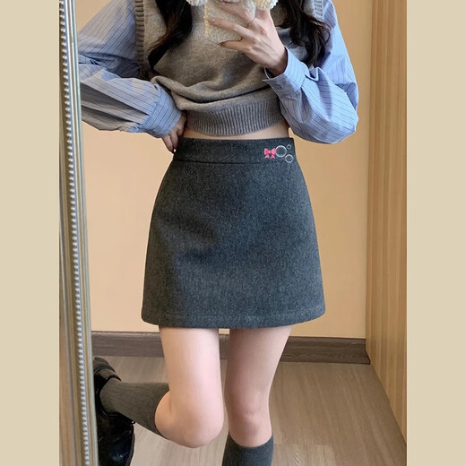 Miao Yijia Skirt Winter Skirt Women's Woolen Gray Short Skirt A-Line Skirt 2025 New Women's Hip Skirt Winter Skirt Gray Woolen Skirt L Recommendation 105-115Jin Jin equals 0.5 kg