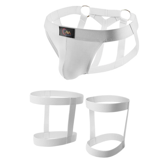 Men's sexy underwear, men's sexy thong, low-waisted, hollow, no-take-off double thong, nightclub, rainbow bar performance, 0 white M (66-73CM)