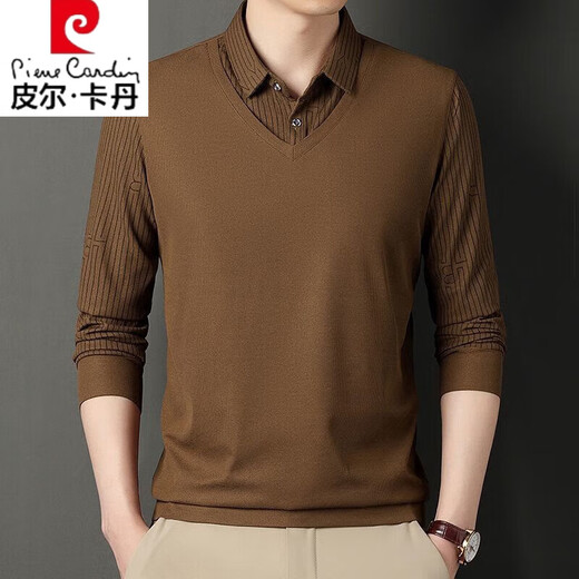 Pier Cardin men's fake two-piece L-shirt fashionable belly-covering men's new thin style. Long-sleeved T-shirt spring and autumn casual style 9901 khaki L recommended 90Jin [Jin equals 0.5 kg]-120Jin [Jin equals 0.5 kg]