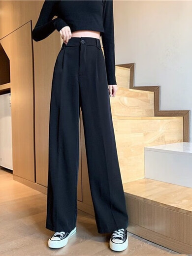 FHHUABD黑色西装裤女春秋薄款韩版高腰垂感显瘦直筒宽松阔腿拖地休闲 1047#黑色一纽扣款 均码 s建议94斤内穿