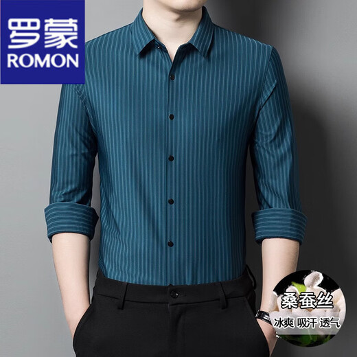 ROMON mulberry silk long-sleeved shirt men's spring and autumn new elastic non-iron striped middle-aged business casual shirt men's Haqing long-sleeved shirt XL 175/41 135-150Jin Jin equals 0.5 kg wear