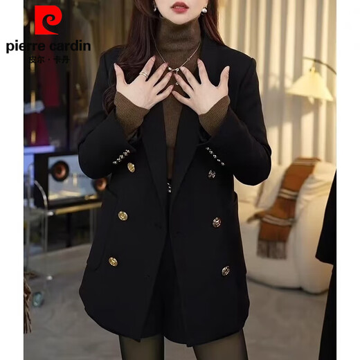 皮尔卡丹黑色双排扣加厚夹棉西装外套女秋冬新款感气质显瘦百搭小西服 黑色   夹棉 L 建议(120-130)斤