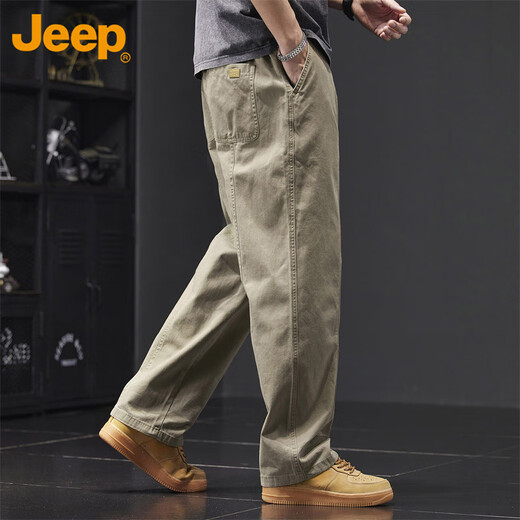 Jeep (JEEP) casual pants men's autumn and winter pure cotton loose straight pants men's overalls men's pants light khaki XL