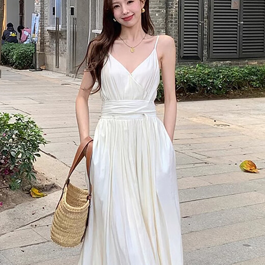 Miao Yijia white dress women's skirt summer 2025 new high-end French dress seaside vacation style beach long skirt French retro V-neck suspender dress M [Suggested 110-125Jin [Jin equals 0.5 kg]]