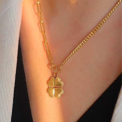 Junbu 18k gold four-leaf clover pendant love-shaped clover dual-use accessories diy buckle au750 necklace single pendant 18k gold large card spelled Cuba 45cm