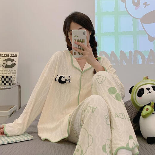 
Youshifei 2025 new panda cotton pajamas for women in spring and autumn long sleeves long trousers cardigan sweet and cute home clothing set 9207# blue pattern Doraemon version L 100-120Jin [Jin equals 0.5 kg]