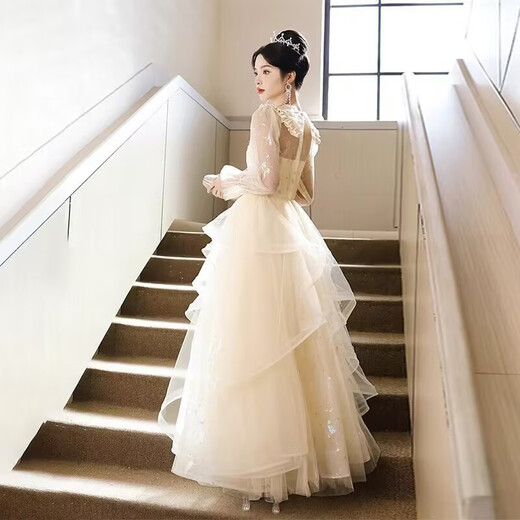 Tang Nu Wu High-end French Evening Dress for Women Graduation New Adult Dress Performance Clothes Banquet Temperament Vocal Art Exam Long Dress New Champagne Color Collar Long Sleeve 3XL 130-140Jin Jin is equal to 0.5 kg