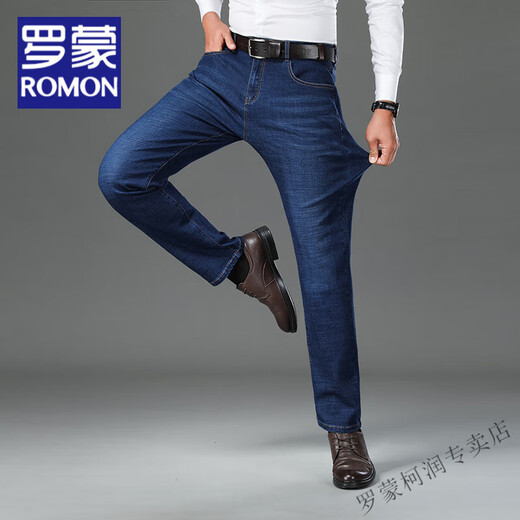 Romon Plus Velvet Tognucted Теплые джинсы для мужского бизнеса растягиваться по прямым ногам повседневных брюк среднего возраста универсальные брюки 9888 Black 32