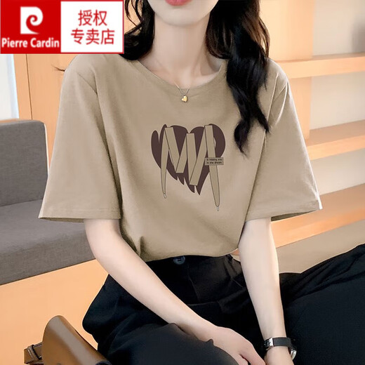 皮尔卡丹（pierre cardin）卡其色纯棉短袖t恤女夏大版气质潮牌体恤独特别致新款上衣设计感 灰蓝色 653 M